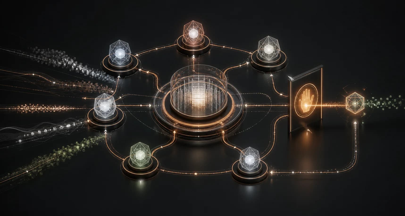 Multiple specialized software agents coordinating around shared context and a human approval gate.